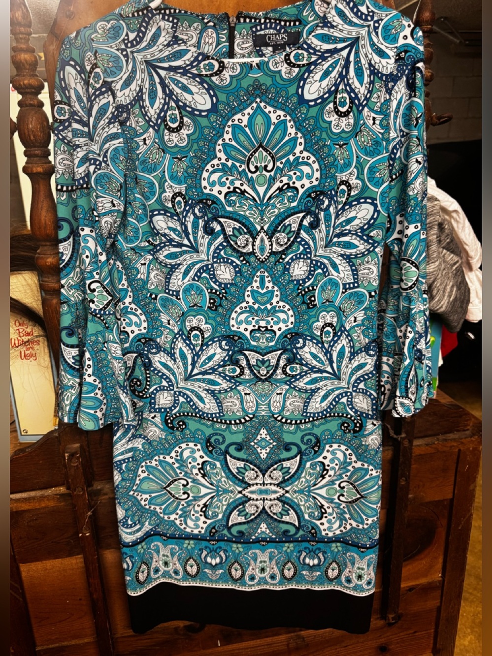 Chaps Teal & White Paisley Long Sleeve Shift Dress sz 4